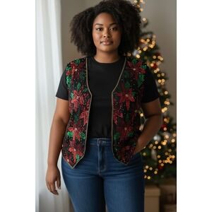 Scala Womens 4X Silk Beaded Sequin Poinsettia Christmas Holiday Vest Black Red*